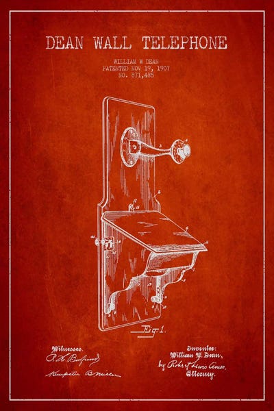 Electronics & Communication Blueprints: Wall Telephone Red Patent Blueprint by Aged Pixel