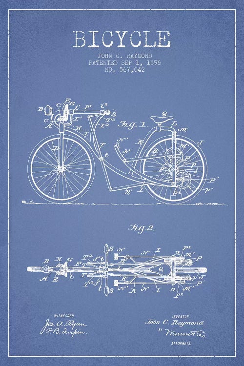 John C. Raymond Bicycle Patent Sketch (Light Blue) by Aged Pixel wall art