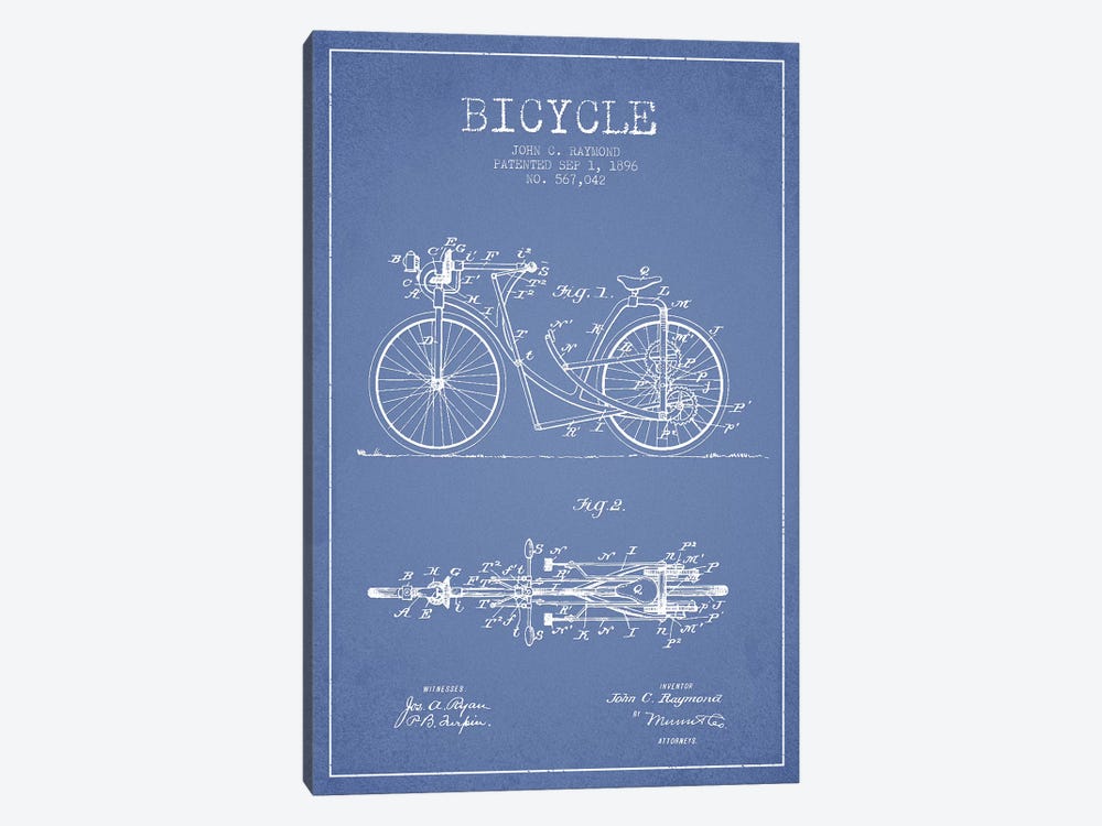 John C. Raymond Bicycle Patent Sketch (Light Blue) by Aged Pixel 1-piece Canvas Art