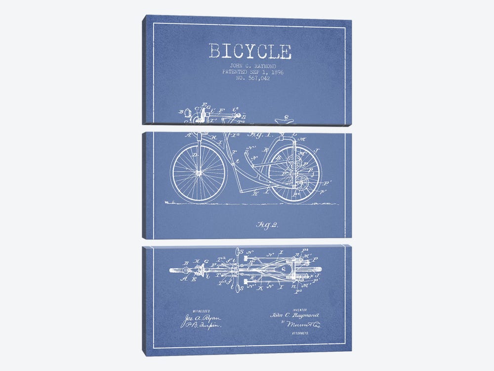 John C. Raymond Bicycle Patent Sketch (Light Blue) by Aged Pixel 3-piece Canvas Art