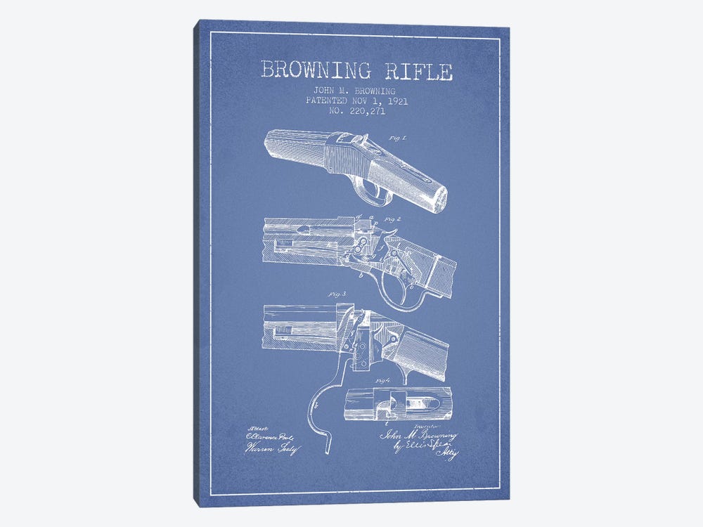 John M. Browning Rifle Patent Sketch (Light Blue) by Aged Pixel 1-piece Canvas Art