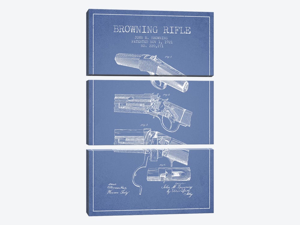 John M. Browning Rifle Patent Sketch (Light Blue) by Aged Pixel 3-piece Canvas Art