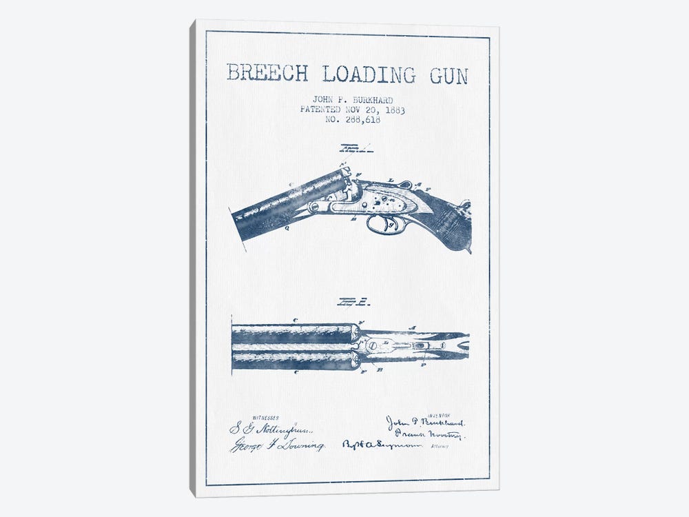 John P. Burkhard Breech Loading Gun Patent Sketch (Ink) by Aged Pixel 1-piece Canvas Artwork