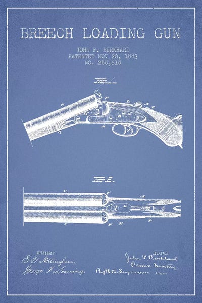 John P. Burkhard Breech Loading Gun Patent Sketch (Light Blue) by Aged Pixel metal wall art