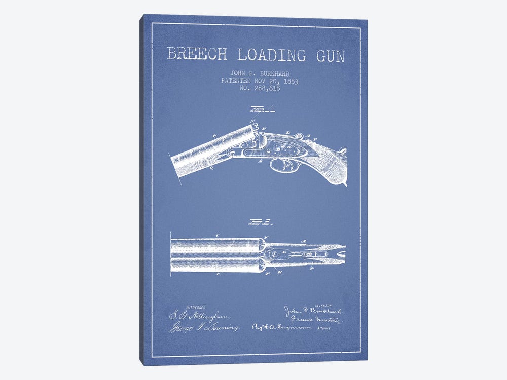 John P. Burkhard Breech Loading Gun Patent Sketch (Light Blue) by Aged Pixel 1-piece Art Print