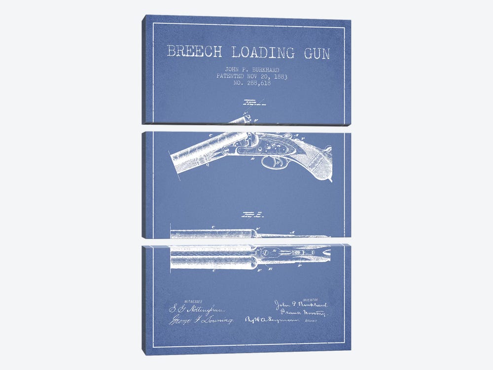 John P. Burkhard Breech Loading Gun Patent Sketch (Light Blue) by Aged Pixel 3-piece Canvas Art Print
