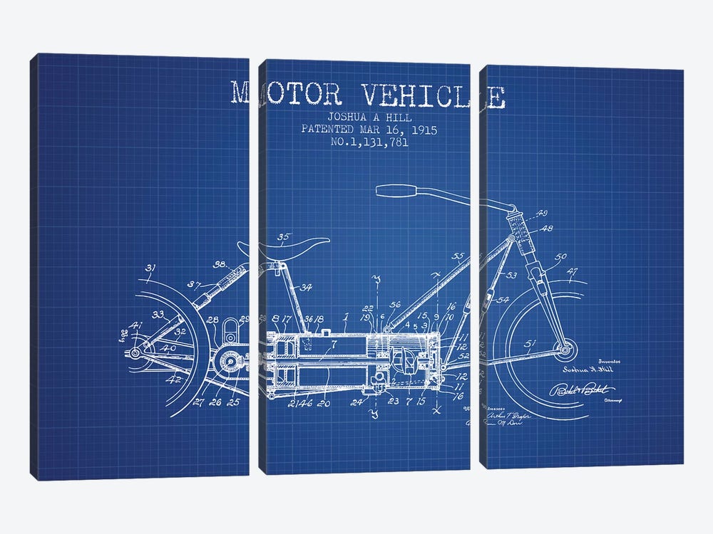 Joshua A. Hill Motor Vehicle Patent Sketch (Blue Grid) by Aged Pixel 3-piece Art Print