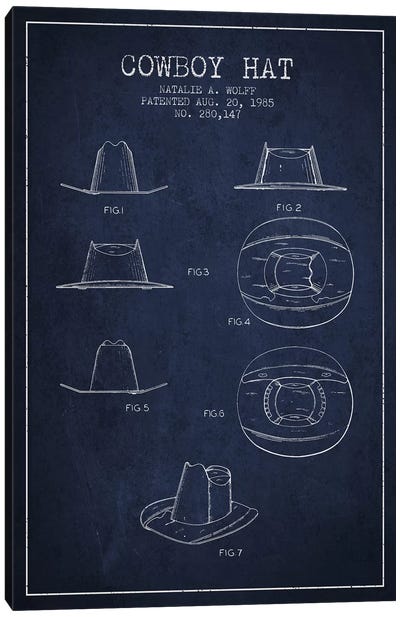 Cowboy Hat Navy Blue Patent Blueprint Canvas Art Print - Cowboy & Cowgirl Art