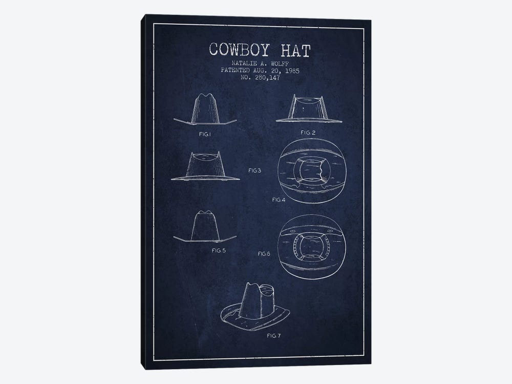 Cowboy Hat Navy Blue Patent Blueprint by Aged Pixel 1-piece Canvas Print