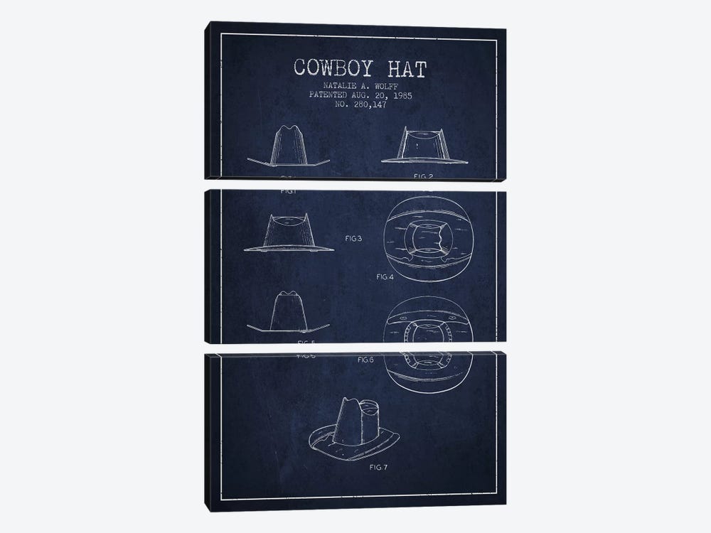 Cowboy Hat Navy Blue Patent Blueprint by Aged Pixel 3-piece Canvas Print