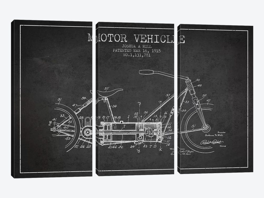 Joshua A. Hill Motor Vehicle Patent Sketch (Charcoal) by Aged Pixel 3-piece Canvas Art Print