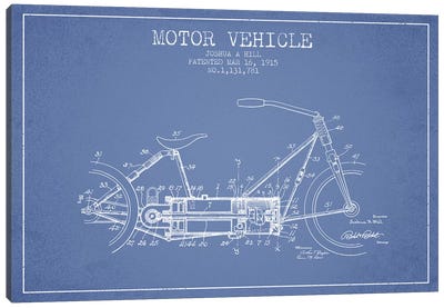 Joshua A. Hill Motor Vehicle Patent Sketch (Light Blue) Canvas Art Print - Motorcycle Blueprints