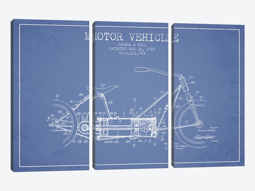 Joshua A. Hill Motor Vehicle Patent Sketch (Light Blue) by Aged Pixel 3-piece Canvas Wall Art