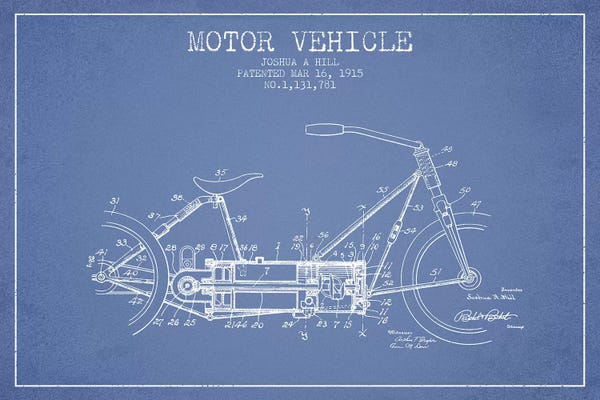 Motorcycle Blueprints: Joshua A. Hill Motor Vehicle Patent Sketch (Light Blue) by Aged Pixel