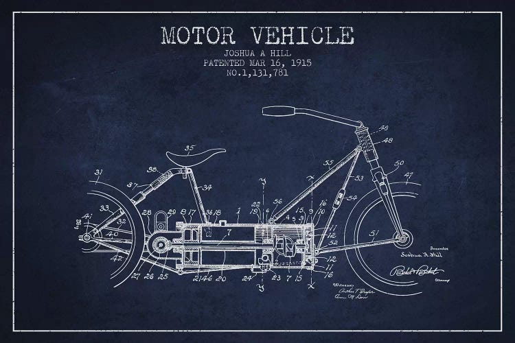 Joshua A. Hill Motor Vehicle Patent Sketch (Navy Blue) by Aged Pixel wall art