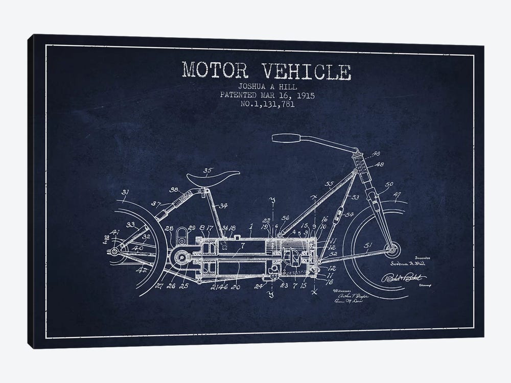 Joshua A. Hill Motor Vehicle Patent Sketch (Navy Blue) by Aged Pixel 1-piece Canvas Art Print