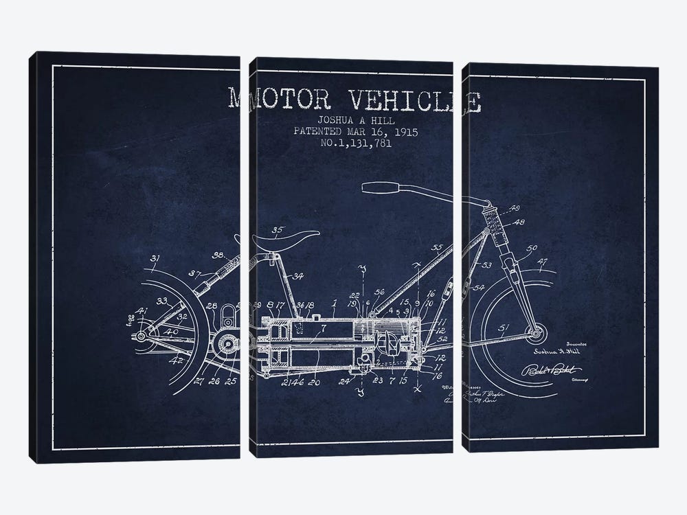 Joshua A. Hill Motor Vehicle Patent Sketch (Navy Blue) by Aged Pixel 3-piece Art Print