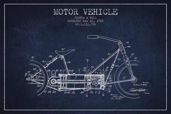 Motorcycle Blueprints: Joshua A. Hill Motor Vehicle Patent Sketch (Navy Blue) by Aged Pixel