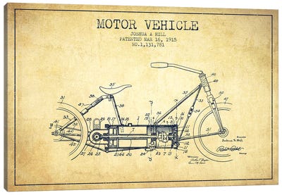 Joshua A. Hill Motor Vehicle Patent Sketch (Vintage) Canvas Art Print - Motorcycle Blueprints