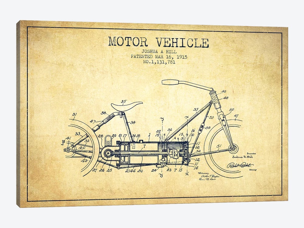 Joshua A. Hill Motor Vehicle Patent Sketch (Vintage) by Aged Pixel 1-piece Canvas Art