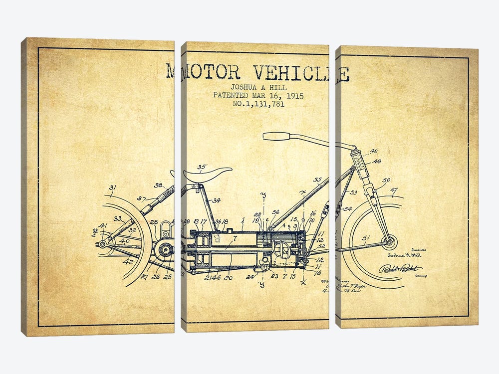 Joshua A. Hill Motor Vehicle Patent Sketch (Vintage) by Aged Pixel 3-piece Canvas Wall Art