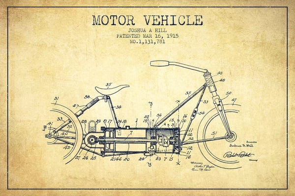 Motorcycle Blueprints: Joshua A. Hill Motor Vehicle Patent Sketch (Vintage) by Aged Pixel