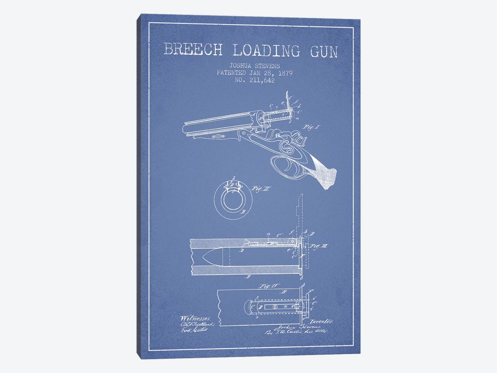 Joshua Stevens Breech Loading Gun Patent Sketch (Light Blue) by Aged Pixel 1-piece Canvas Artwork