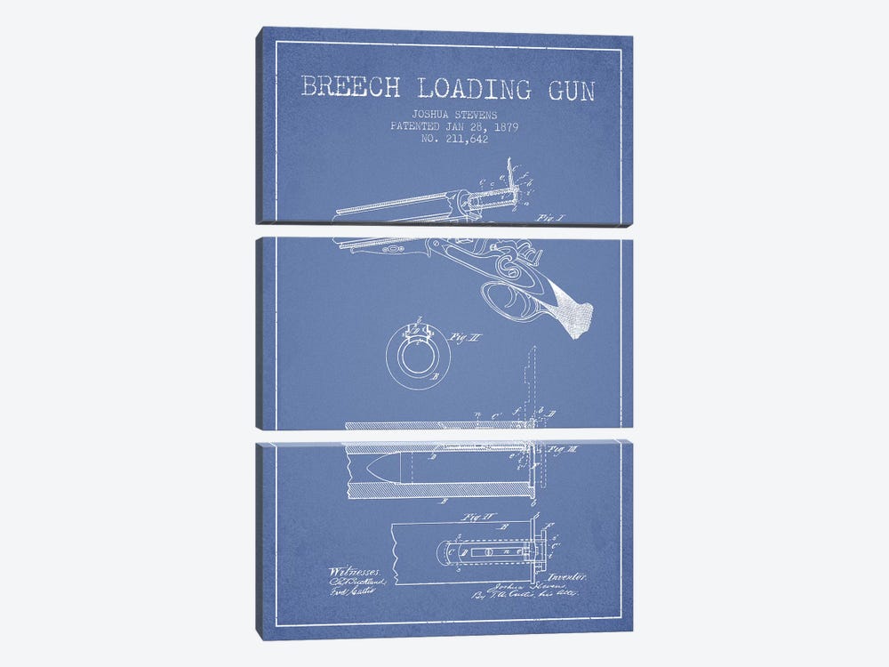 Joshua Stevens Breech Loading Gun Patent Sketch (Light Blue) by Aged Pixel 3-piece Canvas Artwork