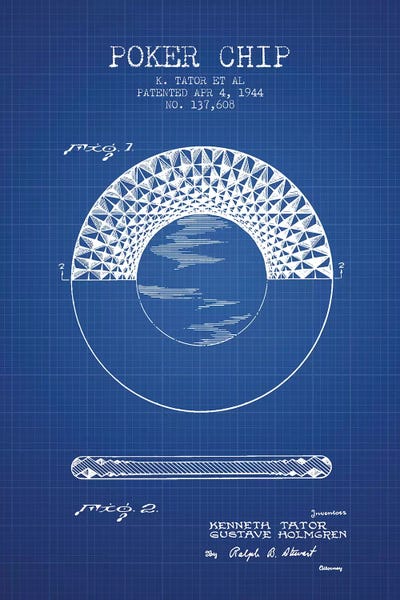 Toy & Game Blueprints: K. Tator et al. Poker Chip Patent Sketch (Blue Grid) by Aged Pixel