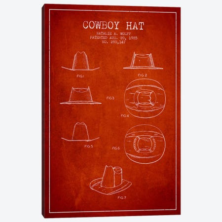 Cowboy Hat Red Patent Blueprint Canvas Print #ADP301} by Aged Pixel Canvas Artwork