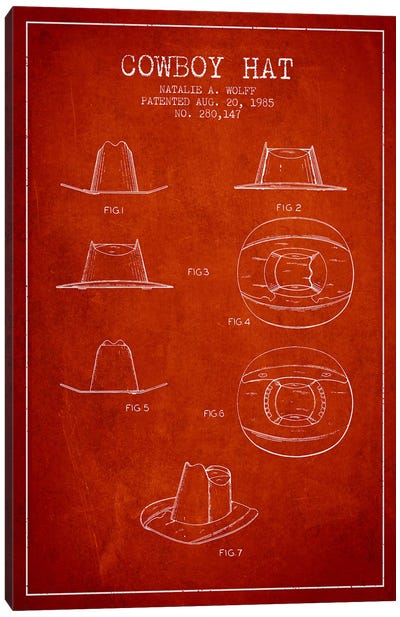 Cowboy Hat Red Patent Blueprint Canvas Art Print - Cowboy & Cowgirl Art