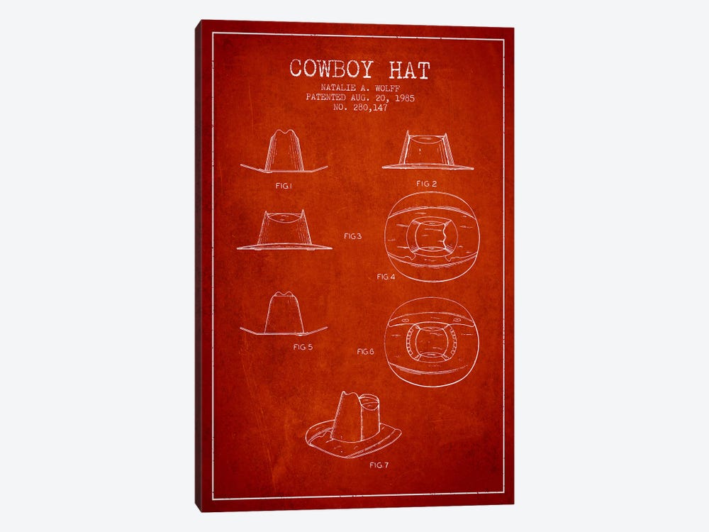Cowboy Hat Red Patent Blueprint by Aged Pixel 1-piece Canvas Artwork