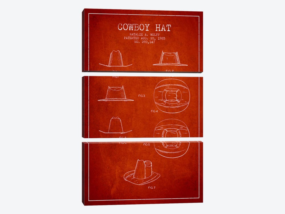 Cowboy Hat Red Patent Blueprint by Aged Pixel 3-piece Canvas Artwork