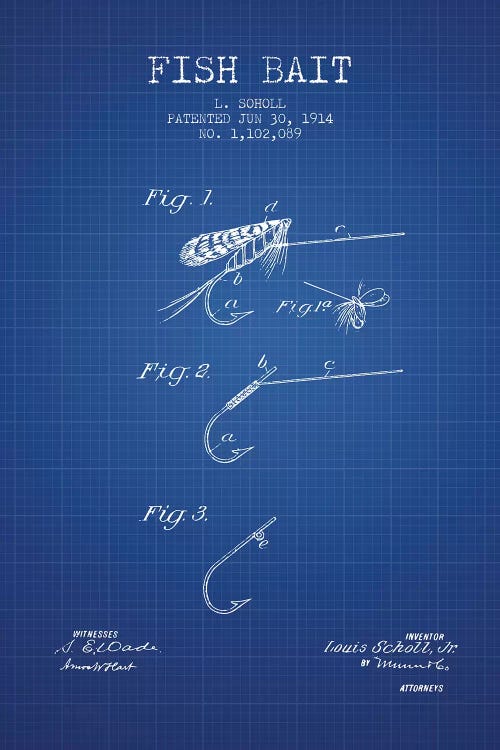 L. Soholl Fish Bait Patent Sketch (Blue Grid)