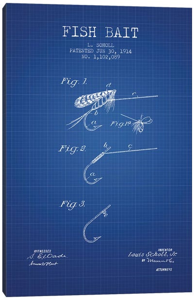 L. Soholl Fish Bait Patent Sketch (Blue Grid) Canvas Art Print