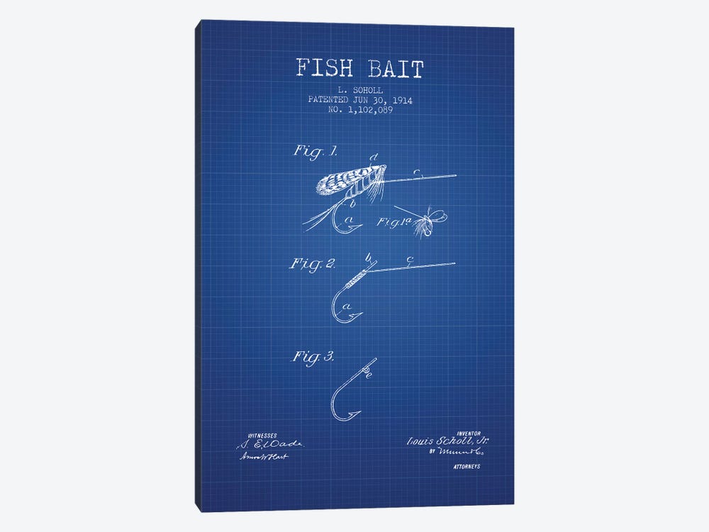 L. Soholl Fish Bait Patent Sketch (Blue Grid) by Aged Pixel 1-piece Canvas Artwork