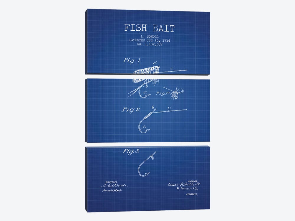 L. Soholl Fish Bait Patent Sketch (Blue Grid) by Aged Pixel 3-piece Canvas Wall Art