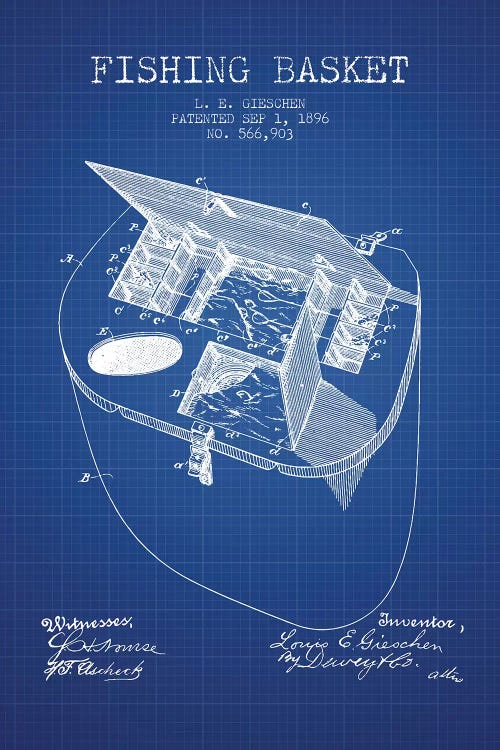 L.E. Gieshen Fishing Basket Patent Sketch (Blue Grid)