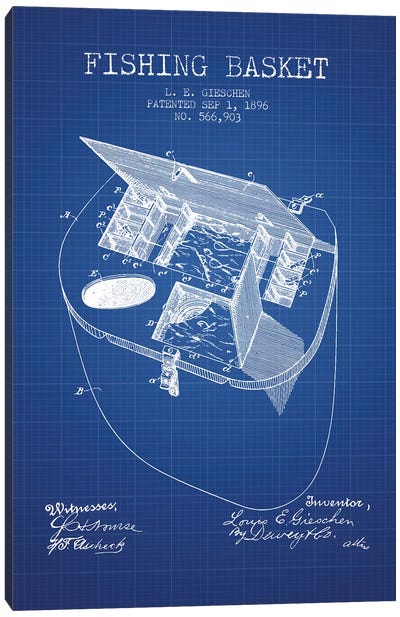 L.E. Gieshen Fishing Basket Patent Sketch (Blue Grid) Canvas Art Print