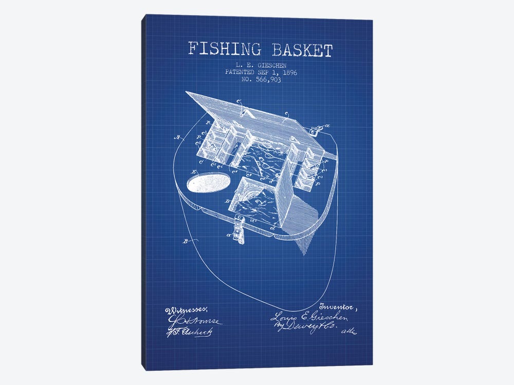 L.E. Gieshen Fishing Basket Patent Sketch (Blue Grid) by Aged Pixel 1-piece Canvas Art Print