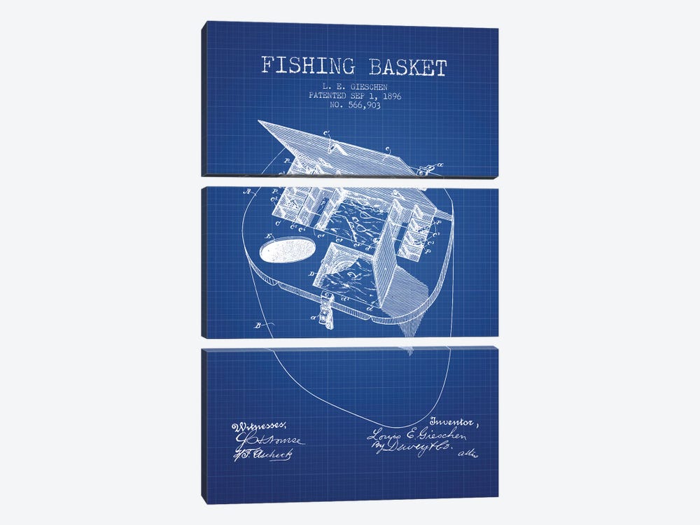 L.E. Gieshen Fishing Basket Patent Sketch (Blue Grid) by Aged Pixel 3-piece Canvas Print