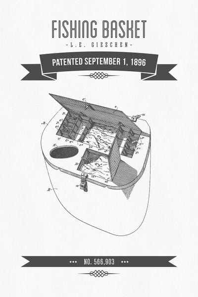 Sports Blueprints: L.E. Gieshen Fishing Basket Patent Sketch Retro (Charcoal) by Aged Pixel