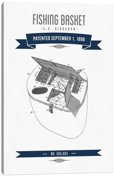 L.E. Gieshen Fishing Basket Patent Sketch Retro (Navy Blue) Canvas Art Print - Aged Pixel: Sports