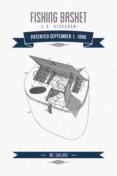 Sports Blueprints: L.E. Gieshen Fishing Basket Patent Sketch Retro (Navy Blue) by Aged Pixel