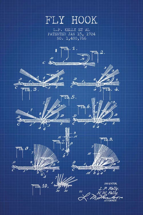 L.P. Kelly, et al. Fly Hook Patent Sketch (Blue Grid)