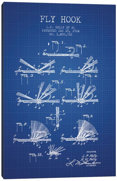 L.P. Kelly, et al. Fly Hook Patent Sketch (Blue Grid) Canvas Art Print