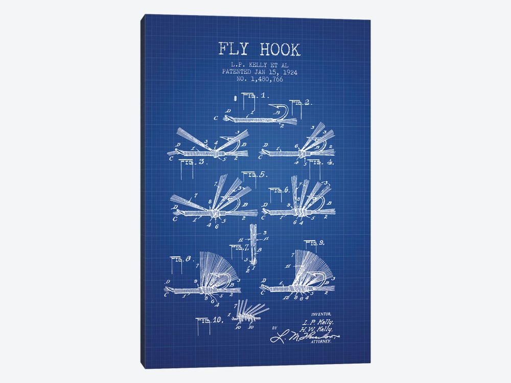 L.P. Kelly, et al. Fly Hook Patent Sketch (Blue Grid) by Aged Pixel 1-piece Canvas Art
