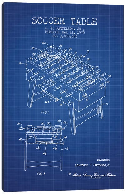 L.T. Patterson, Jr. Soccer Table Patent Sketch (Blue Grid) Canvas Art Print - Toy & Game Blueprints