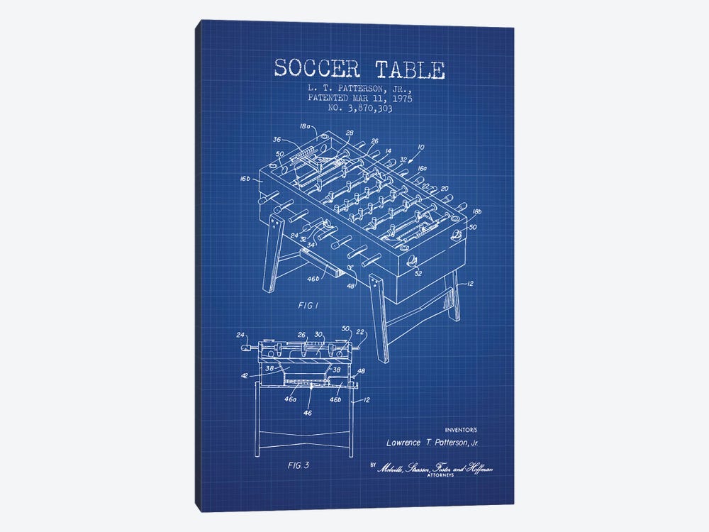L.T. Patterson, Jr. Soccer Table Patent Sketch (Blue Grid) by Aged Pixel 1-piece Art Print