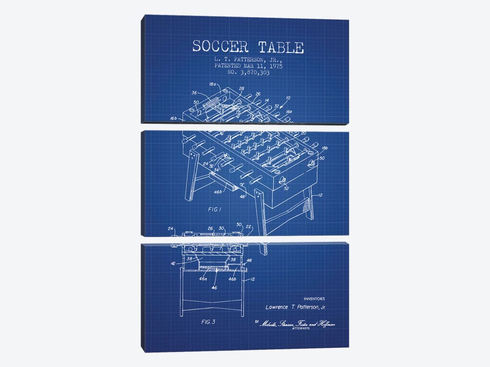 L.T. Patterson, Jr. Soccer Table Patent Sketch (Blue Grid) by Aged Pixel 3-piece Art Print